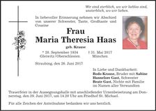 Traueranzeige Maria Theresia Haas