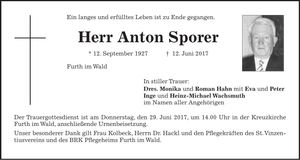Traueranzeige Anton Sporer
