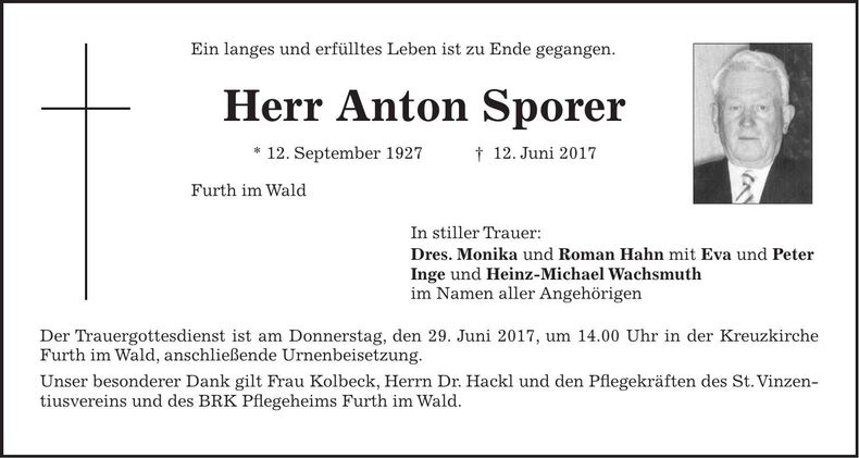 Traueranzeige Anton Sporer