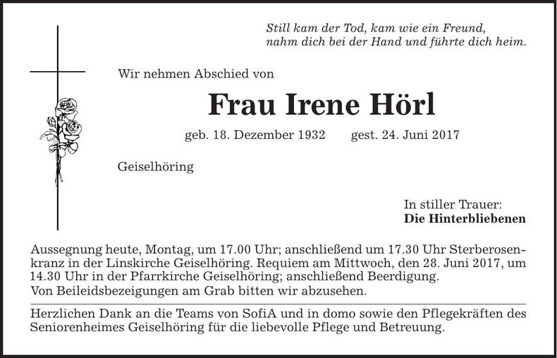 Traueranzeige Irene Hörl