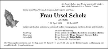Traueranzeige Ursel Scholz