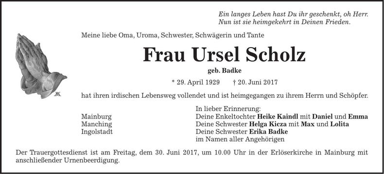 Traueranzeige Ursel Scholz