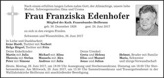 Traueranzeige Franziska Edenhofer