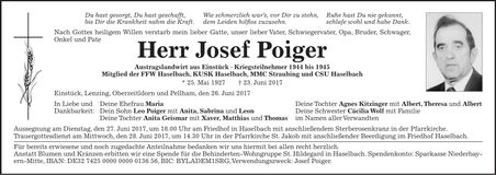 Traueranzeige Josef Poiger