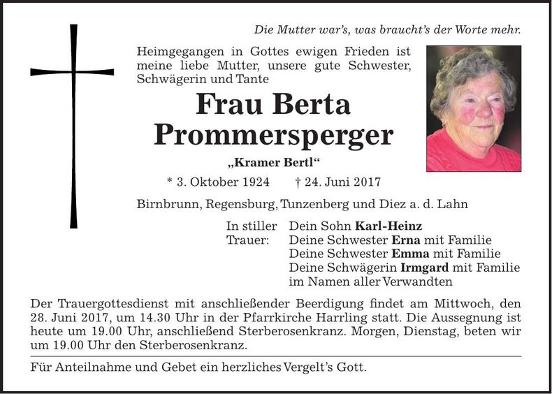 Traueranzeige Berta Prommersperger
