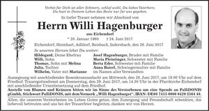 Traueranzeige Willi Hagenburger