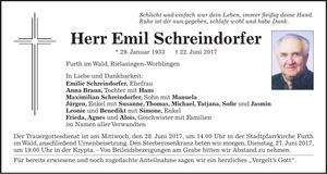 Traueranzeige Emil Schreindorfer