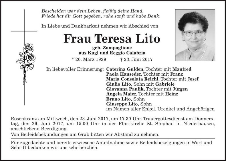 Traueranzeige Teresa Lito