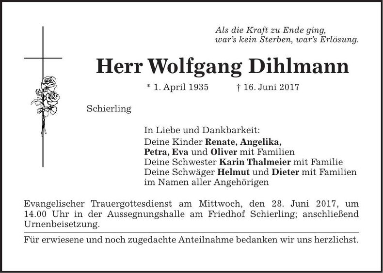 Traueranzeige Wolfgang Dihlmann