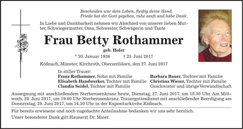 Traueranzeige Betty Rothammer