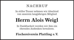 Traueranzeige Alois Weigl