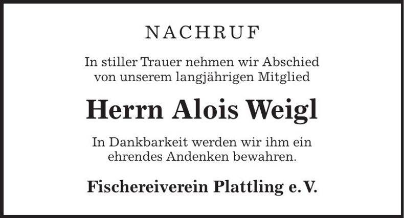 Traueranzeige Alois Weigl