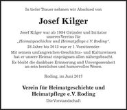 Traueranzeige Josef Kilger