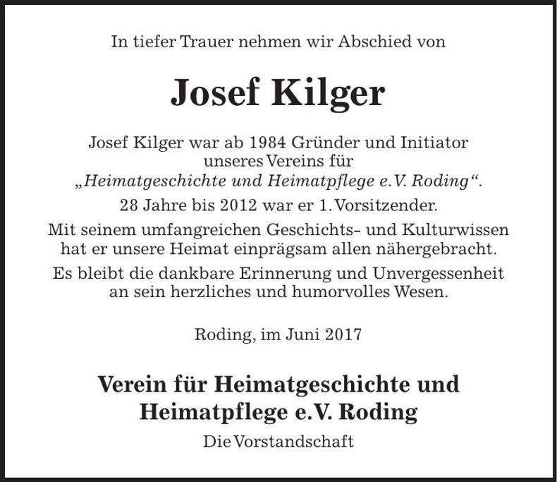 Traueranzeige Josef Kilger
