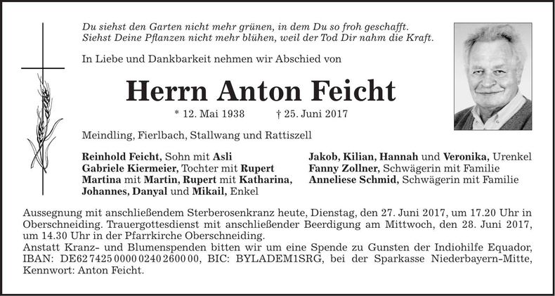 Traueranzeige Anton Feicht