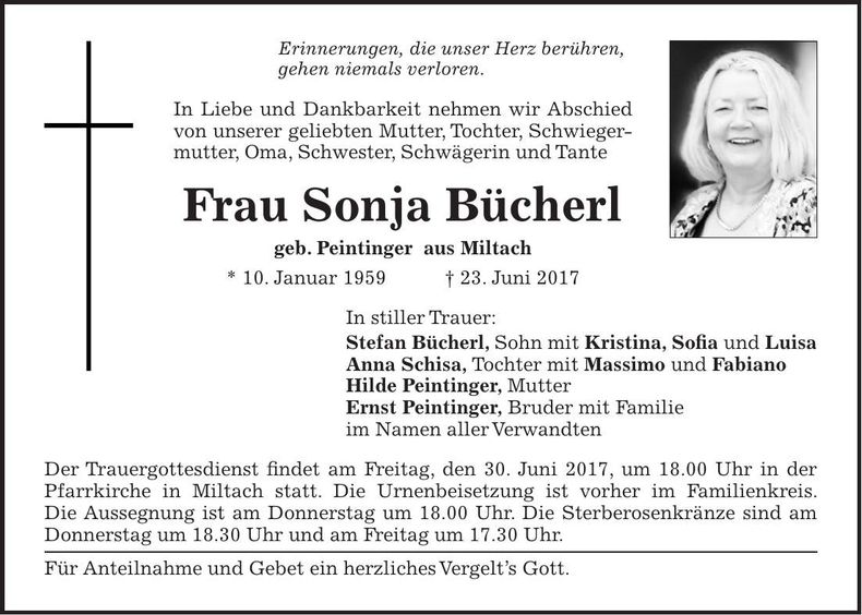 Traueranzeige Sonja Bücherl