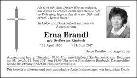 Traueranzeige Erna Brandl