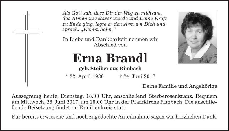 Traueranzeige Erna Brandl