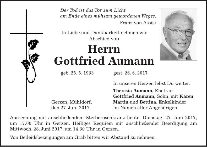 Traueranzeige Gottfried Aumann