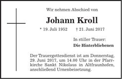 Traueranzeige Johann Kroll