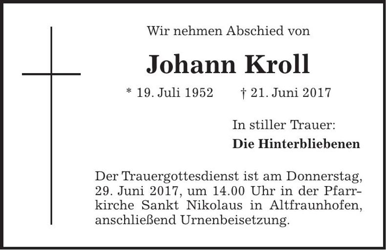 Traueranzeige Johann Kroll