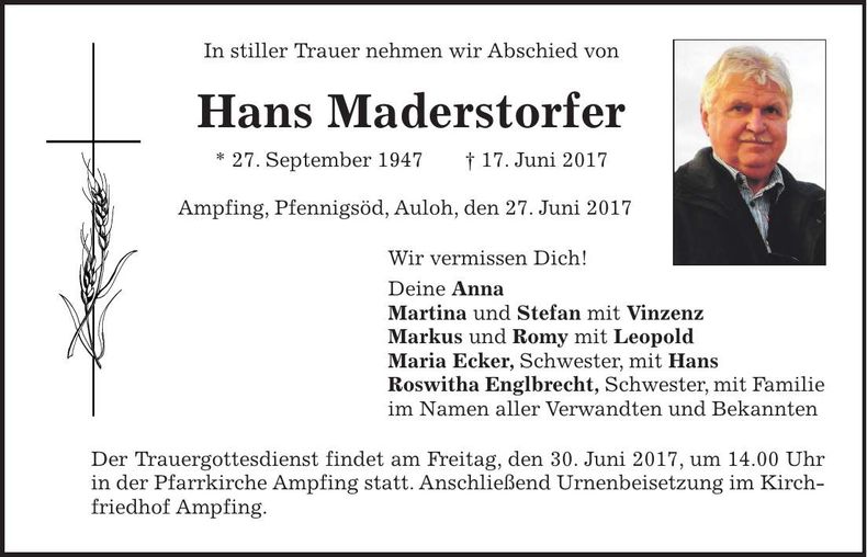 Traueranzeige Hans Maderstorfer