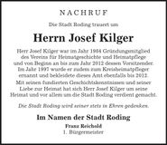 Traueranzeige Josef Kilger