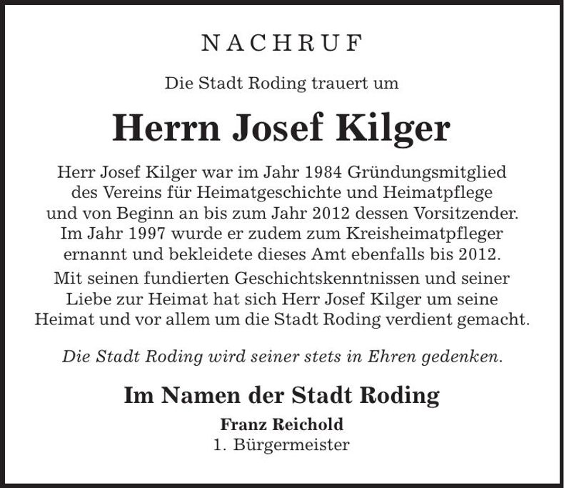 Traueranzeige Josef Kilger