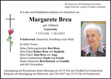 Traueranzeige Margarete Breu