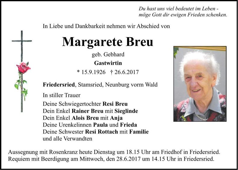 Traueranzeige Margarete Breu