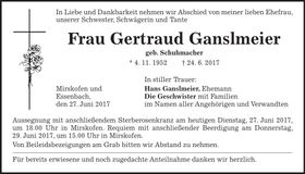 Traueranzeige Gertraud Ganslmeier