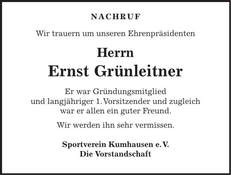 Traueranzeige Ernst Grünleitner