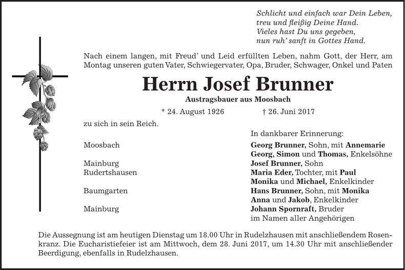 Traueranzeige Josef Brunner