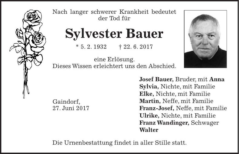 Traueranzeige Sylvester Bauer