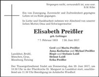 Traueranzeige Elisabeth Preißler