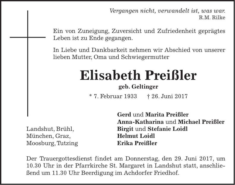 Traueranzeige Elisabeth Preißler