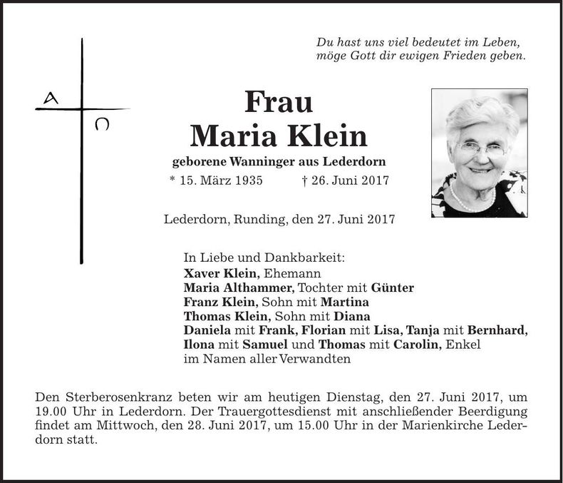 Traueranzeige Maria Klein