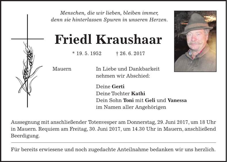 Traueranzeige Friedl Kraushaar