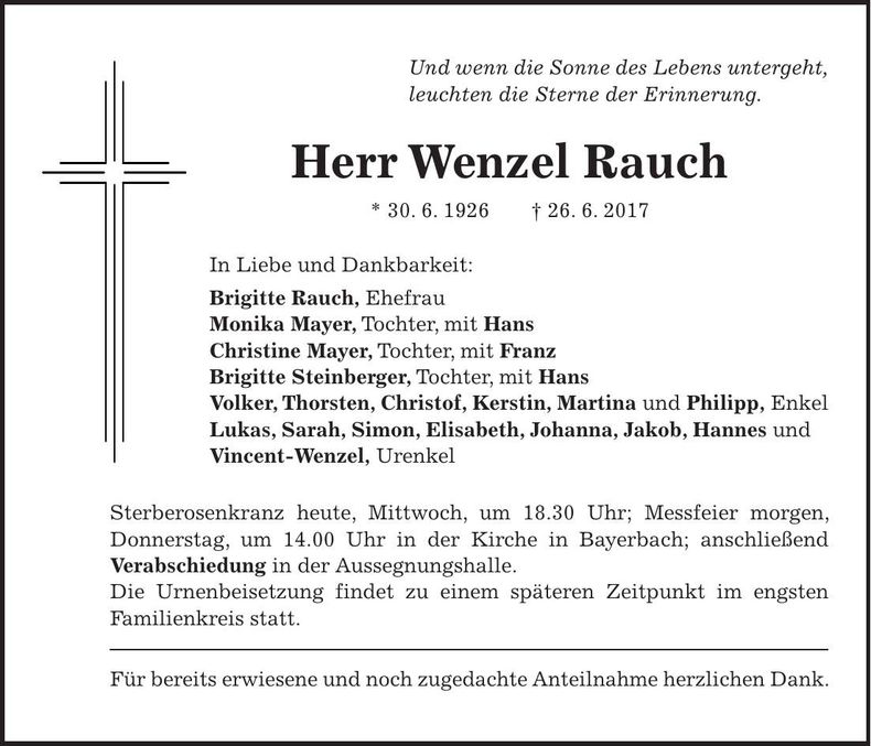 Traueranzeige Wenzel Rauch