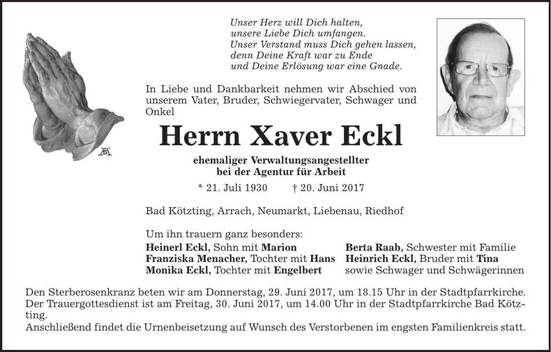 Traueranzeige Xaver Eckl