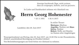 Traueranzeige Georg Hohenester