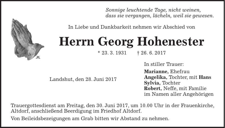 Traueranzeige Georg Hohenester