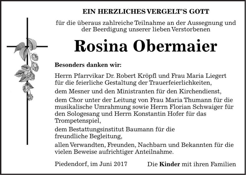 Traueranzeige Rosina Obermaier