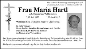 Traueranzeige Maria Hartl