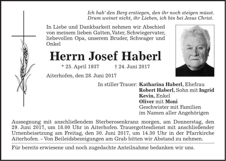 Traueranzeige Josef Haberl