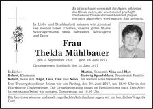 Traueranzeige Thekla Mühlbauer