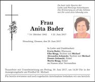 Traueranzeige Anita Bader