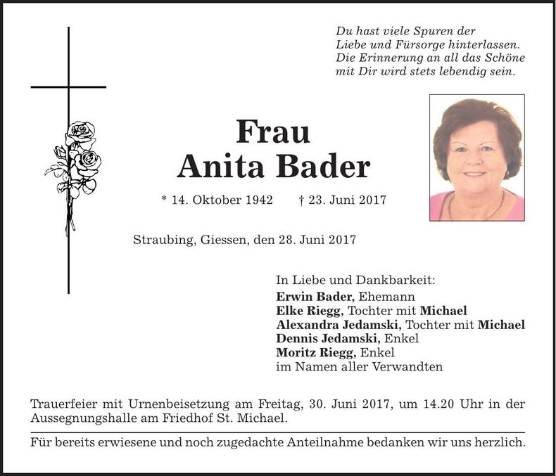 Traueranzeige Anita Bader