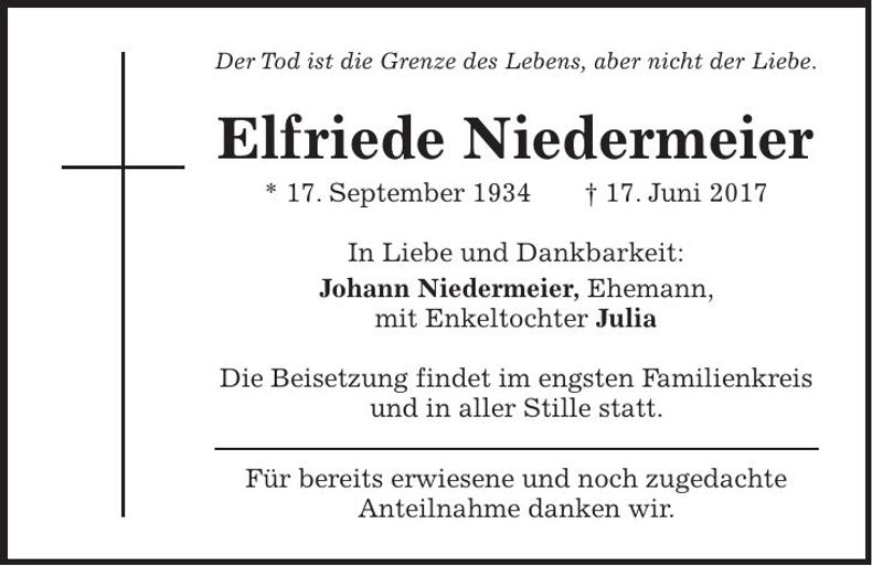 Traueranzeige Elfriede Niedermeier