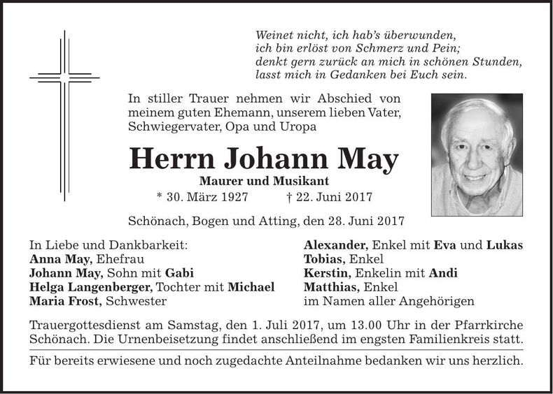 Traueranzeige Johann May